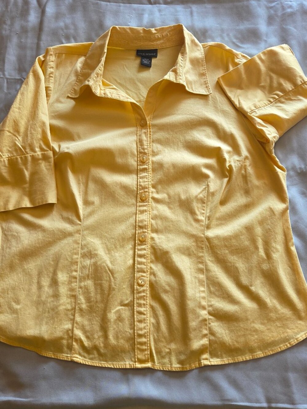 Plus Size Yellow Button Blouse, 3/4 Length Sleeve